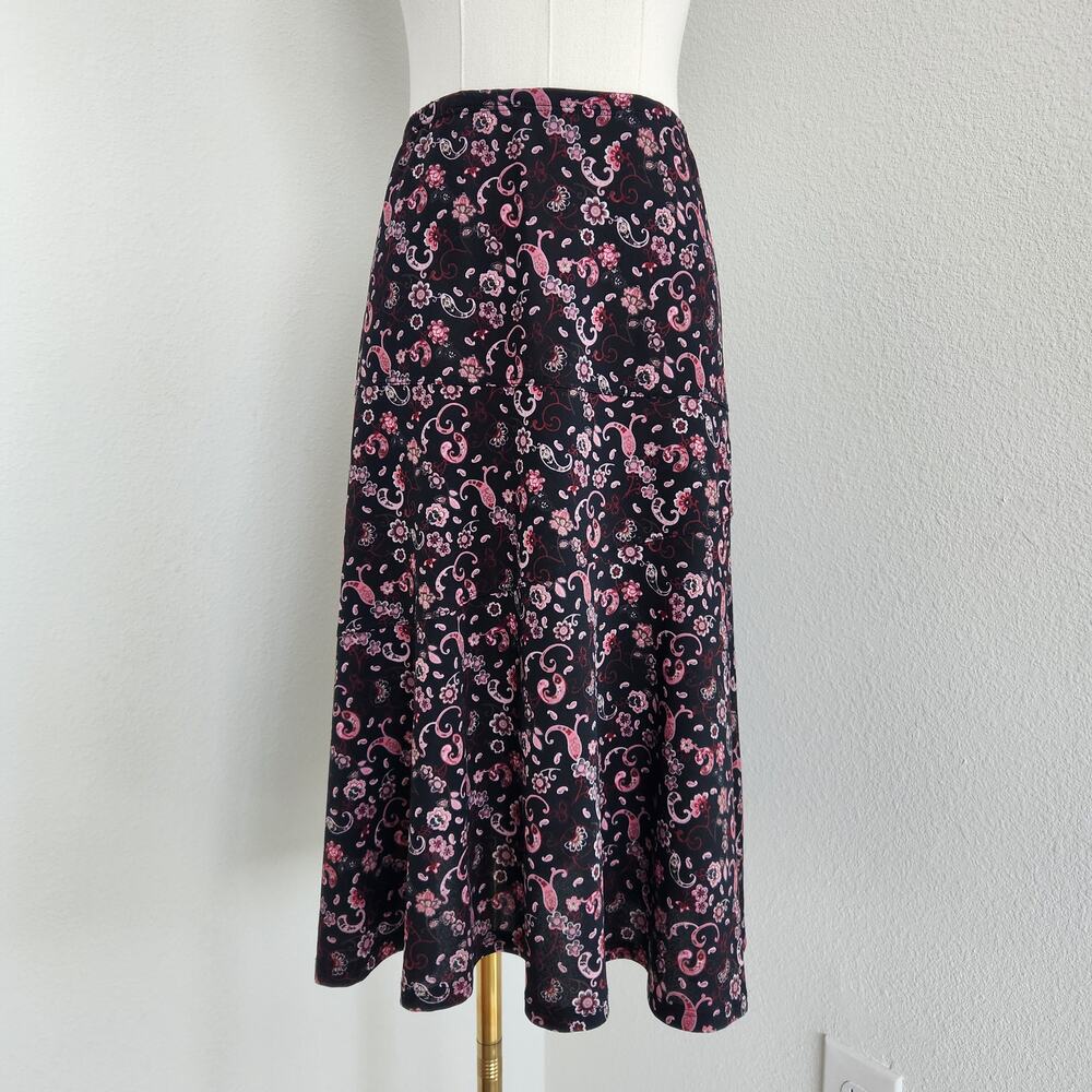 Vintage Y2K Black Pink Floral Paisley Tiered Midi Skirt Stretchy Whimsigoth S